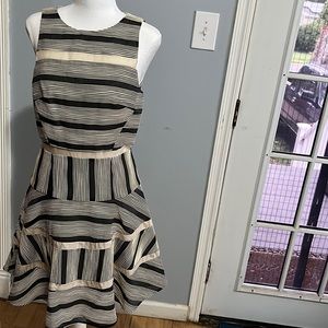 Tibi dress size 4 fit and flare Navy Blue tan striped dress